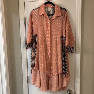 Elegant Peach Polka Dot Tunic with Striped Accents